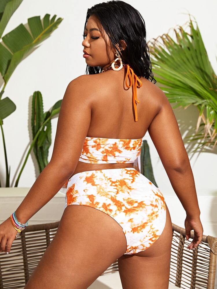 Plus Size Tie Dye Hanky Hem Tankini Summer Beach - Orange - View 2