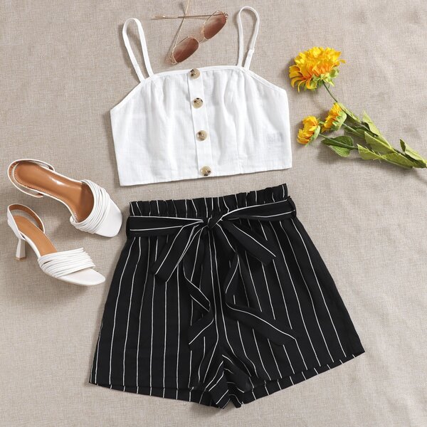 

Button Front Cami Top & Paperbag Waist Belted Shorts Set, Black and white