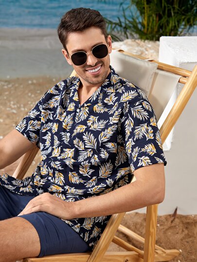 SHEIN Men Lapel Collar Tropical Print Shirt & Shorts Set for Sale ...