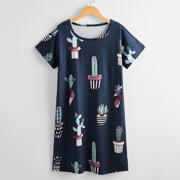 

Girls Cactus Print Tee Dress, Navy blue