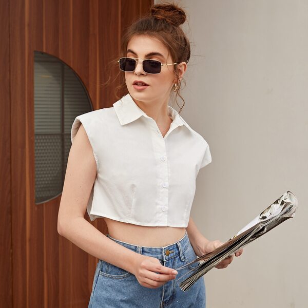 

Shoulder Padded Button Placket Crop Blouse, White