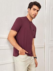 GENTILAND Hombres Top algodón con botón tapeta media con estampado con bordado - Granate - Ver 4