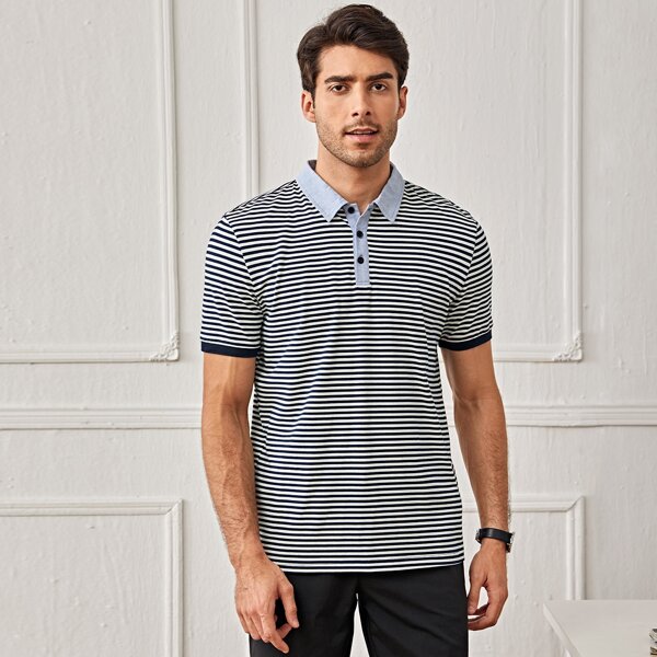 

Men Contrast Collar Striped Polo Shirt, Blue and white