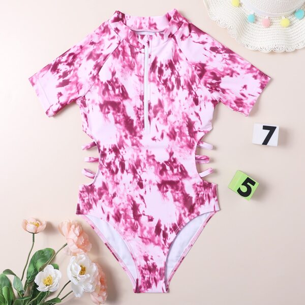 

Girls Tie Dye Zip Front One Piece Swimsuit, Pink