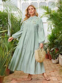 SHEIN Unity Đầm Plus Size Nghề thêu Hoa Giải trí - Màu xanh Bạc hà - Xem 1