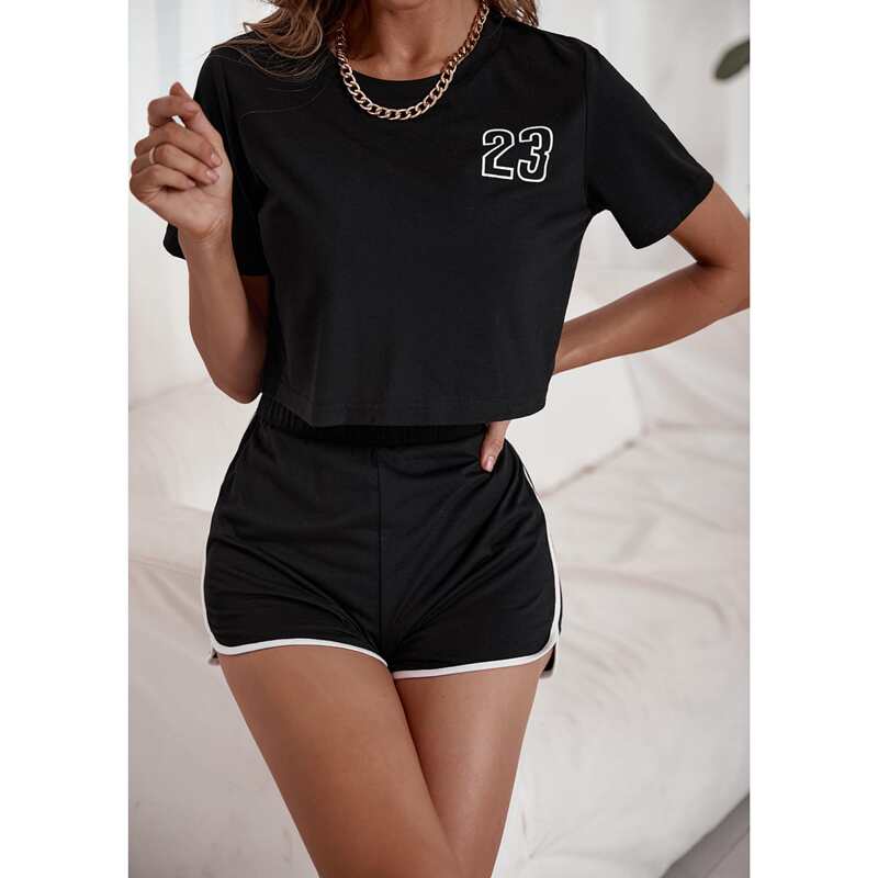 

Number Print Tee & Contrast Binding Track Shorts, Black