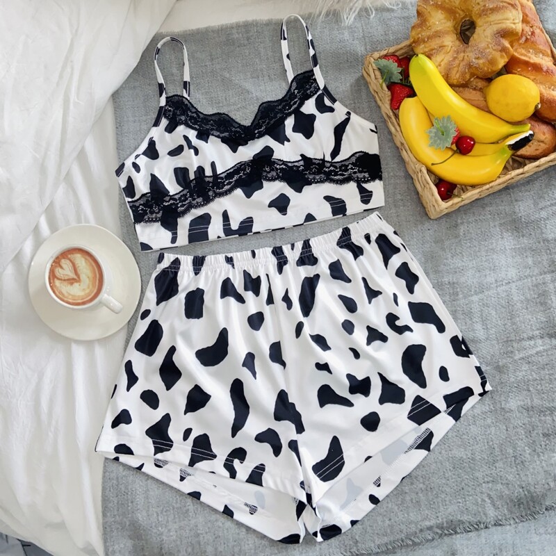 

Lace Trim Cow Print Cami Pajama Set, Black and white