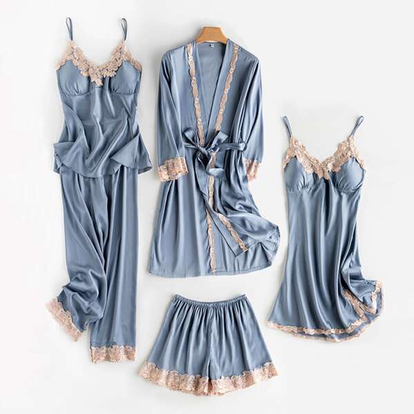 

5pcs Contrast Lace Belted Satin Robe Set, Dusty blue
