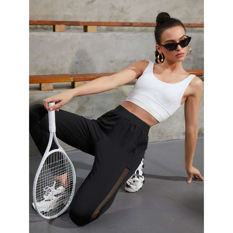 

Contrast Mesh Slant Pocket Sports Pants, Black