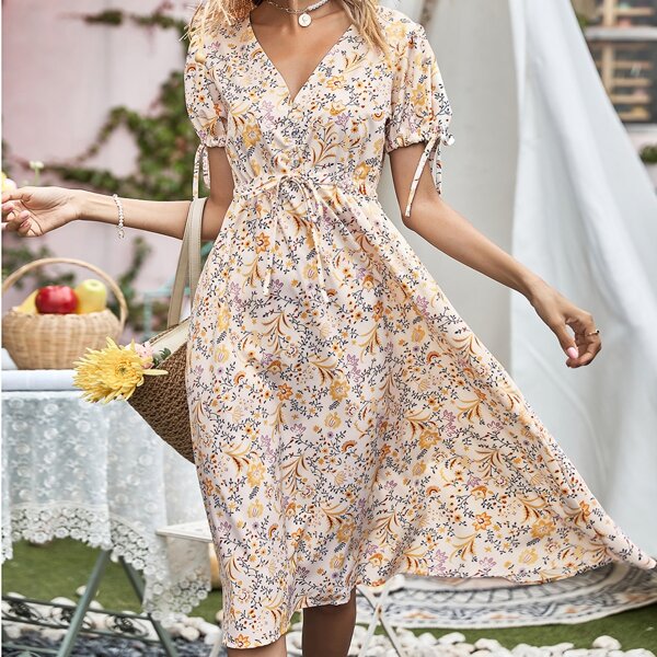 

Floral Print Drawstring Waist Dress, Multicolor