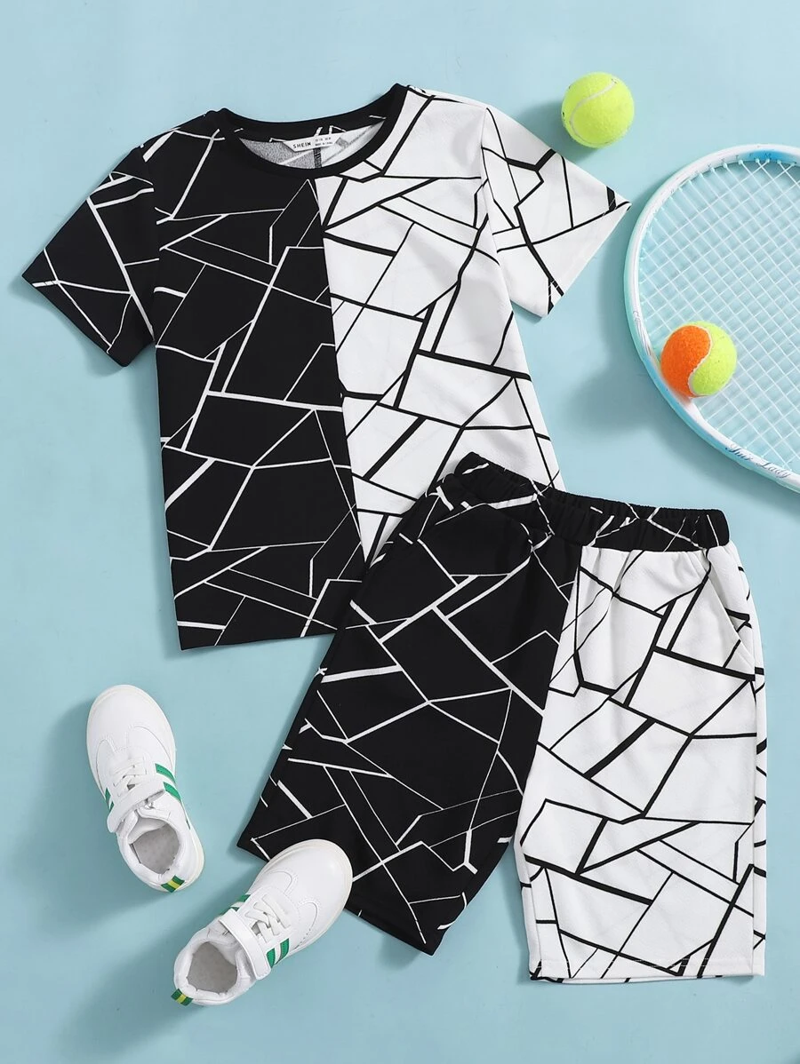 SHEIN Boys Colour Block Geo Print Tee & Track Shorts Set - Black and White - View 1