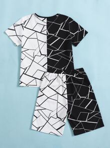 SHEIN Boys Colour Block Geo Print Tee & Track Shorts Set - Black and White - View 2
