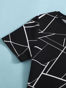 SHEIN Boys Colour Block Geo Print Tee & Track Shorts Set - Black and White - View 3