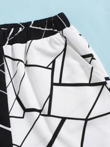 SHEIN Boys Colour Block Geo Print Tee & Track Shorts Set - Black and White - View 4