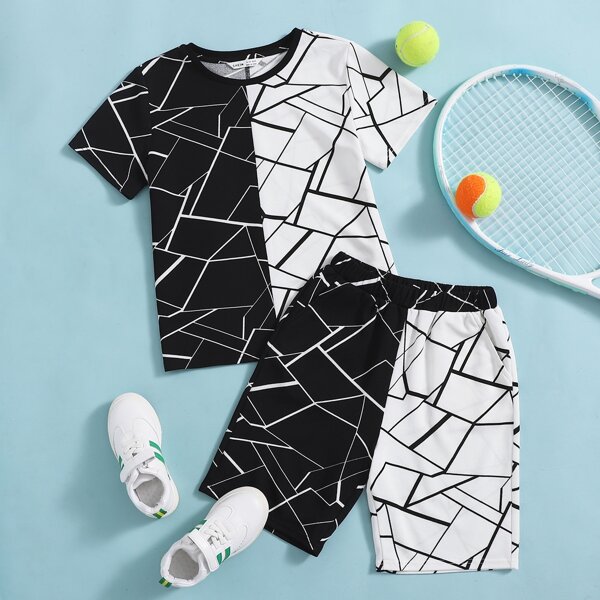 

Boys Color Block Geo Print Tee & Track Shorts Set, Black and white