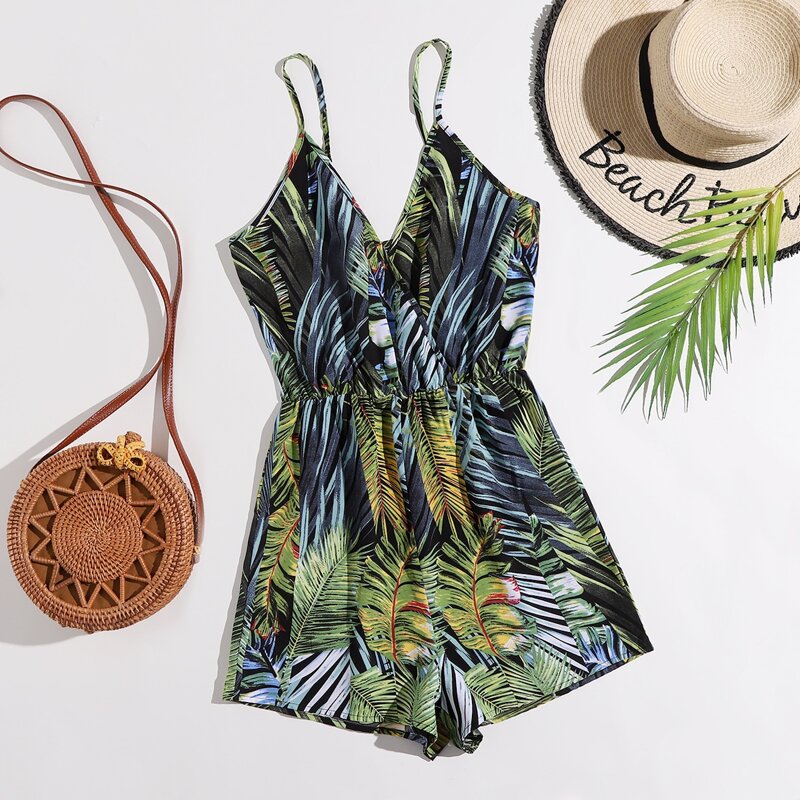 

Surplice Neck Tropical Print Cami Romper, Multicolor