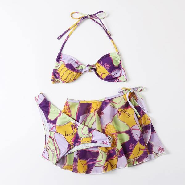 

3pack Chain Pattern Halter Bikini Swimsuit & Skirt, Multicolor