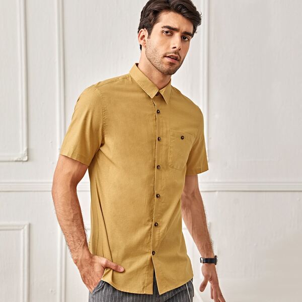 

Men Solid Patch Pocket Shirt, Mustard yellow