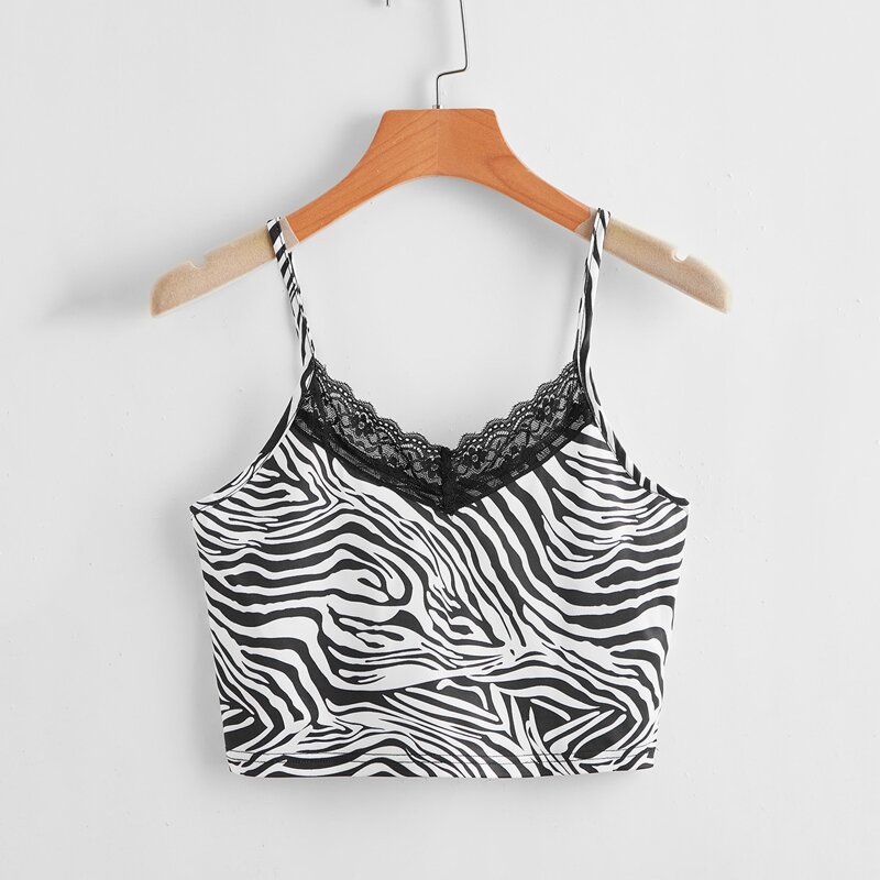 

Lace Trim Zebra Striped Cami Top, Black and white