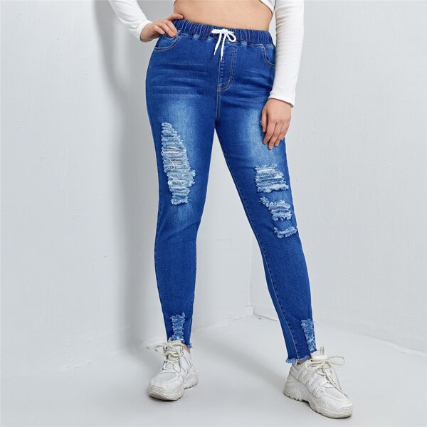 

Plus Drawstring Waist Ripped Skinny Jeans, Medium wash