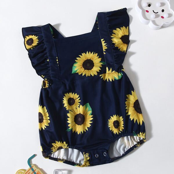 

Baby Girl Sunflower Ruffle Trim Bodysuit, Navy blue