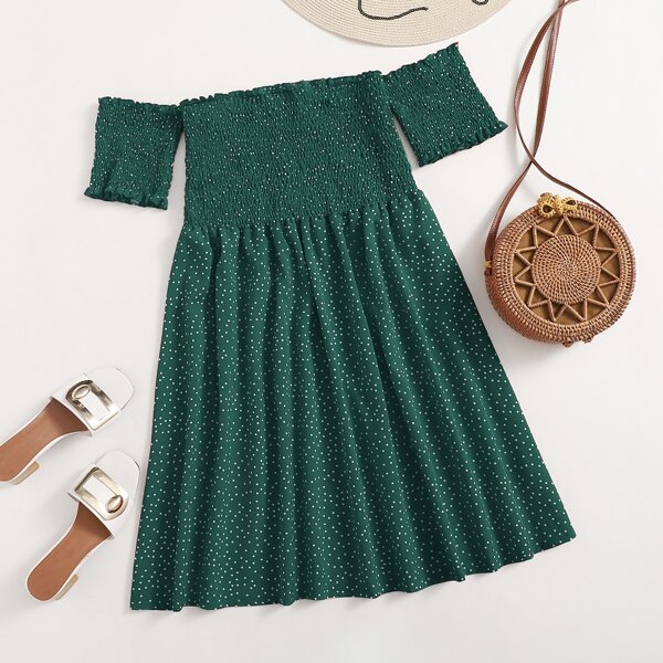 

Plus Polka Dot Frill Trim Shirred Bardot Dress, Green