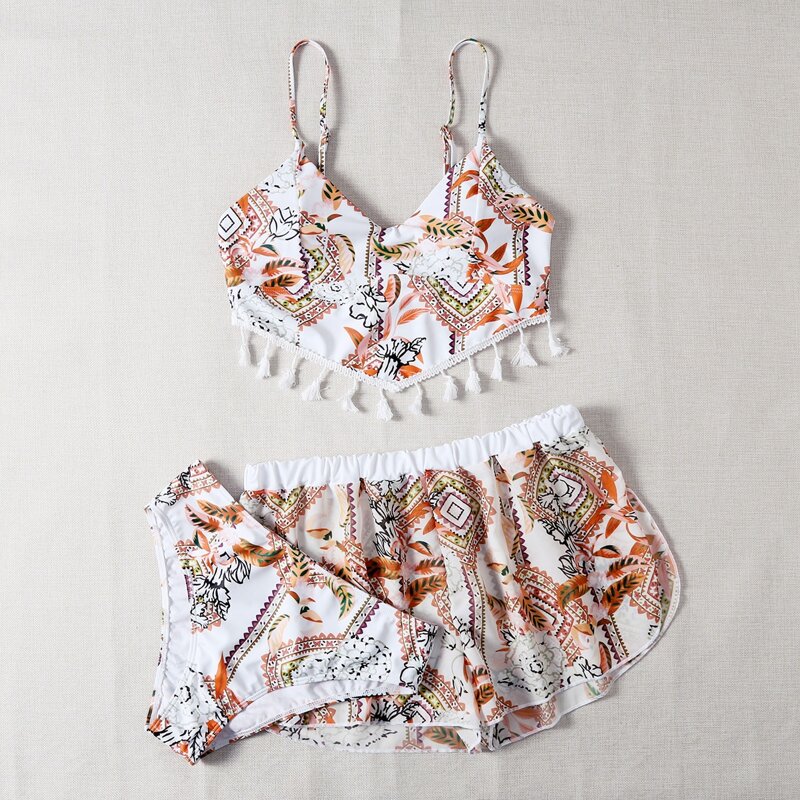 

3pack Floral & Geo Print Tassel Trim Bikini Swimsuit, Multicolor