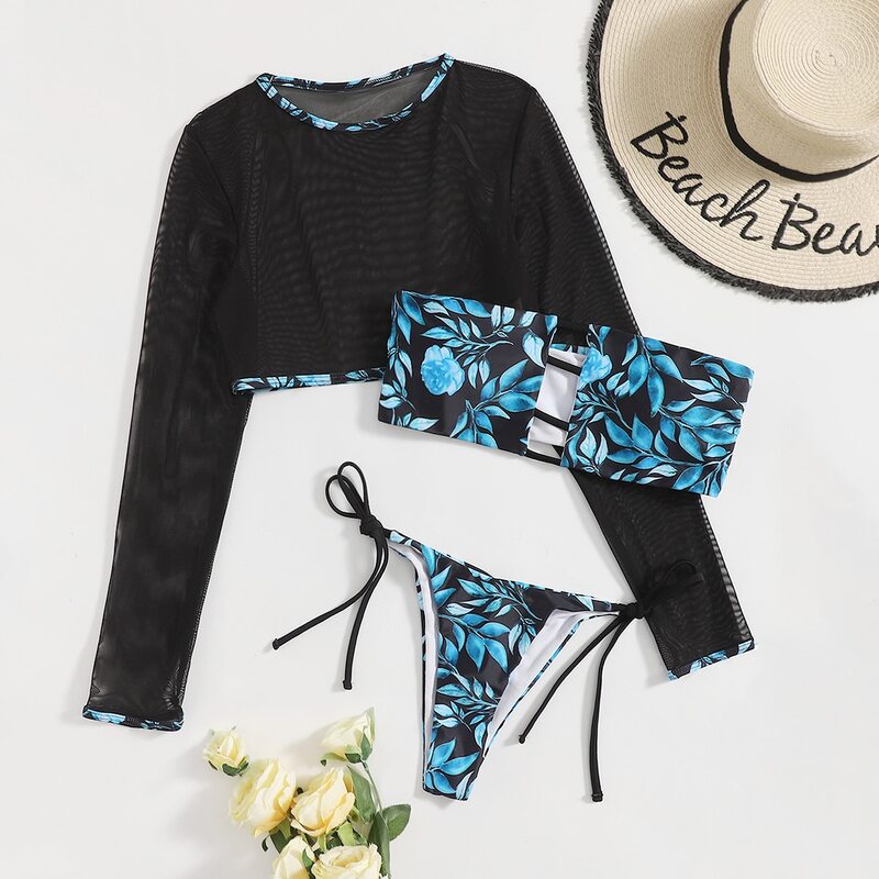 

Leaf Print Cut-out Bikini Swimsuit & Mesh Cover Up, Multicolor