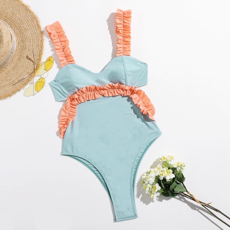 

Frill Trim One Piece Swimsuit, Multicolor