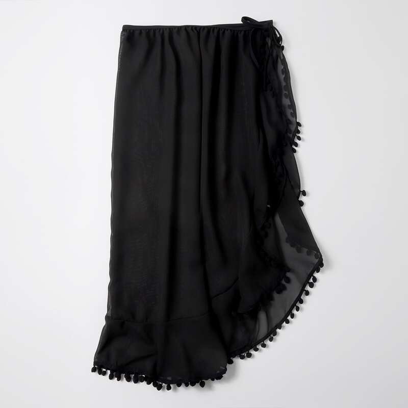 

Pom-pom Trim Mesh Cover Up Skirt, Black
