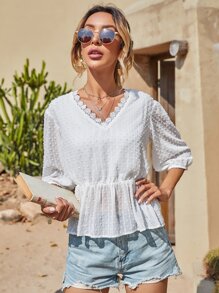 Swiss Dot Tie Back Smock Blouse - White - View 1