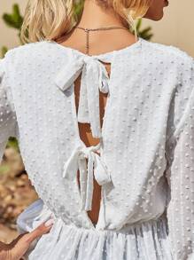 Swiss Dot Tie Back Smock Blouse - White - View 3
