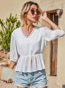 Swiss Dot Tie Back Smock Blouse - White - View 4