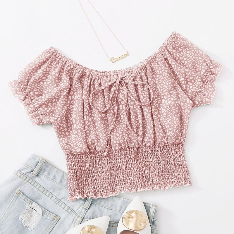 

All Over Print Tie Front Shirred Crop Top, Dusty pink