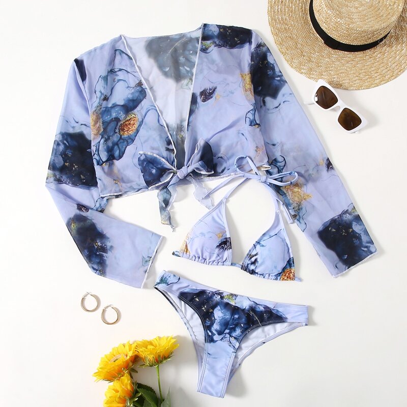 

Marble Pattern Bikini Swimsuit With Cover Up, Multicolor