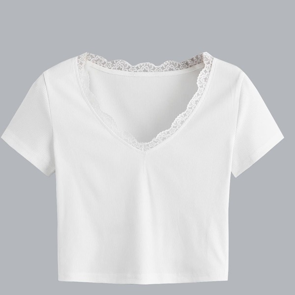 

Plus Rib Lace Trimed Tee, White