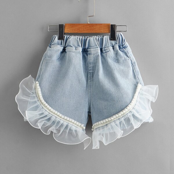 

Girls Contrast Mesh Pearls Beaded Denim Shorts, Light wash
