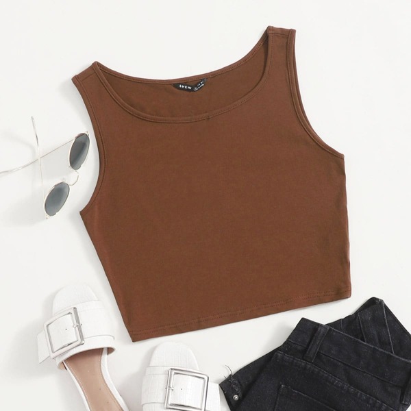

Solid Crop Tank Top, Coffee brown