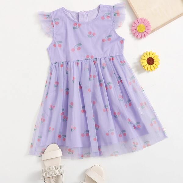 

Toddler Girls Cherry Print Mesh Overlay Smock Dress, Lilac purple