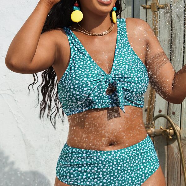 

Plus Ditsy Floral Pattern Knot Front Bikini Top, Teal blue