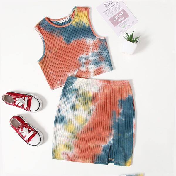 

Girls Tie Dye Rib-knit Tank Top & Split Hem Skirt Set, Multicolor