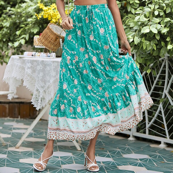 

Floral Print Ruffle Hem Skirt, Green