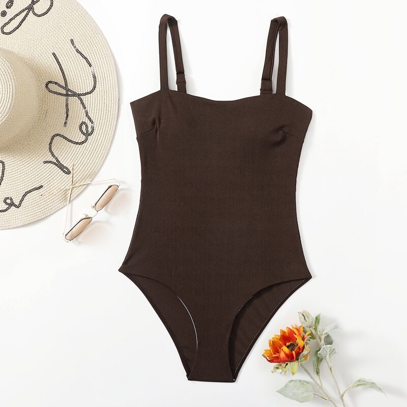 

Ribbed Cami One Piece Swimsuit, Coffee brown