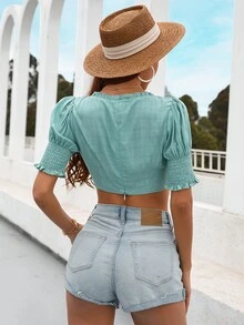 Shirred Drawstring Ruched Top - Cadet Blue - View 2