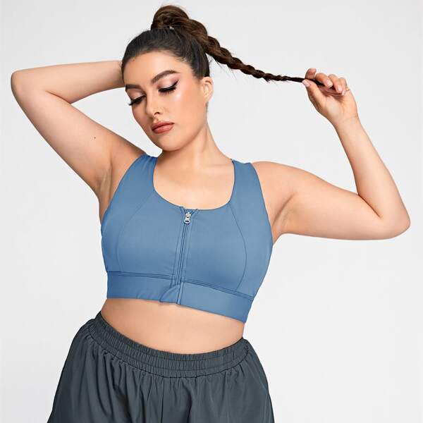 

Plus High Support Zipper Front Peekaboo Back Sports Bra, Dusty blue