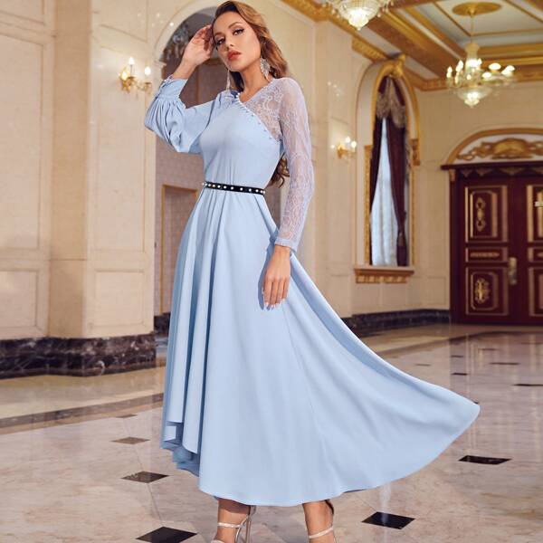 

Pearls Beaded Lace Sleeve Belted Dress, Baby blue