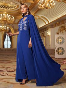 Modelyn Keyhole Neck Graphic Embroidered Cape Jumpsuit