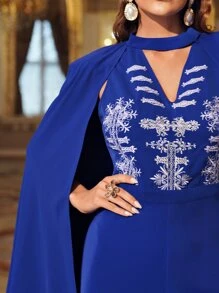 Modelyn Keyhole Neck Graphic Embroidered Cape Jumpsuit