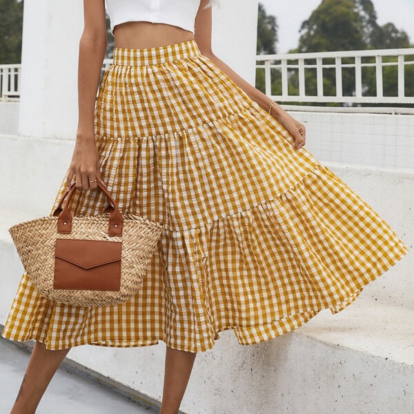 

Gingham Ruffle Hem Flared Skirt, Yellow