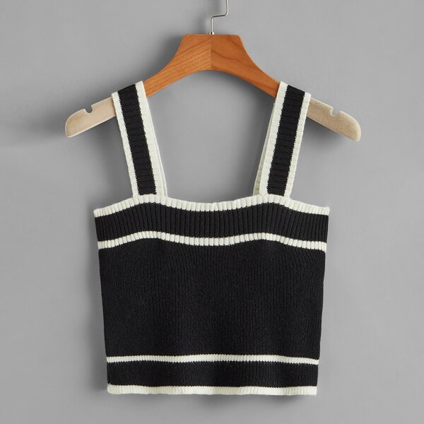 

Striped Crop Knit Top, Black